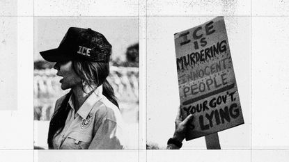 Illustration of Kristi Noem and an anti-ICE protest sign