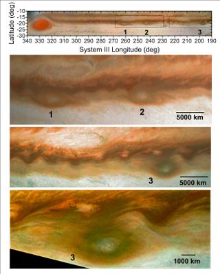 A series of smaller (but still enormous) anticyclones approached the Jupiter’s iconic red storm in 2019. The top image shows smaller anticyclones numbered 1, 2, and 3, moving towards the Great Red Spot. The three other images show enlargements of the anticyclones.