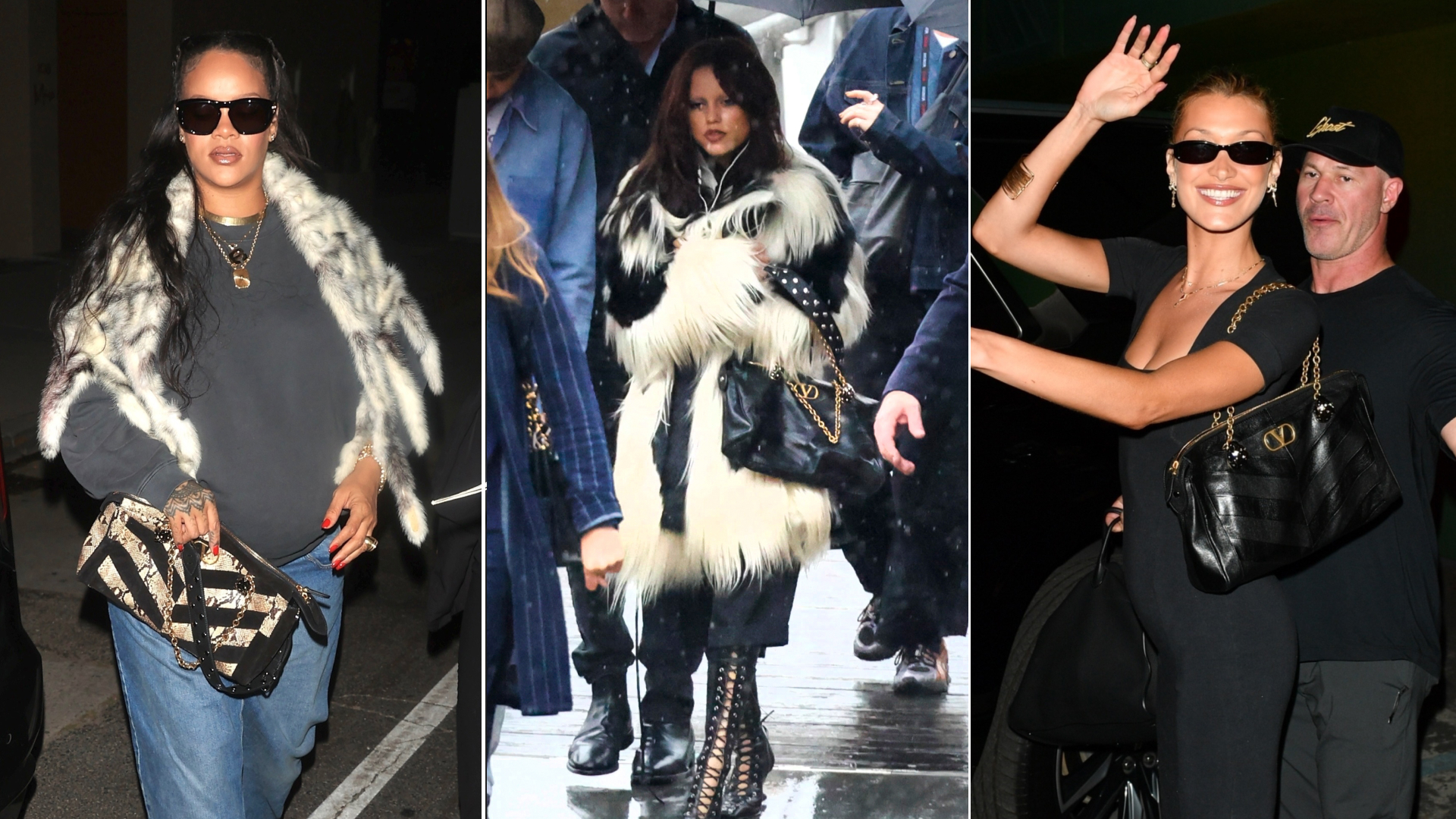 Rihanna Jenna Ortega and Bella Hadid carrying the same Valentino bag