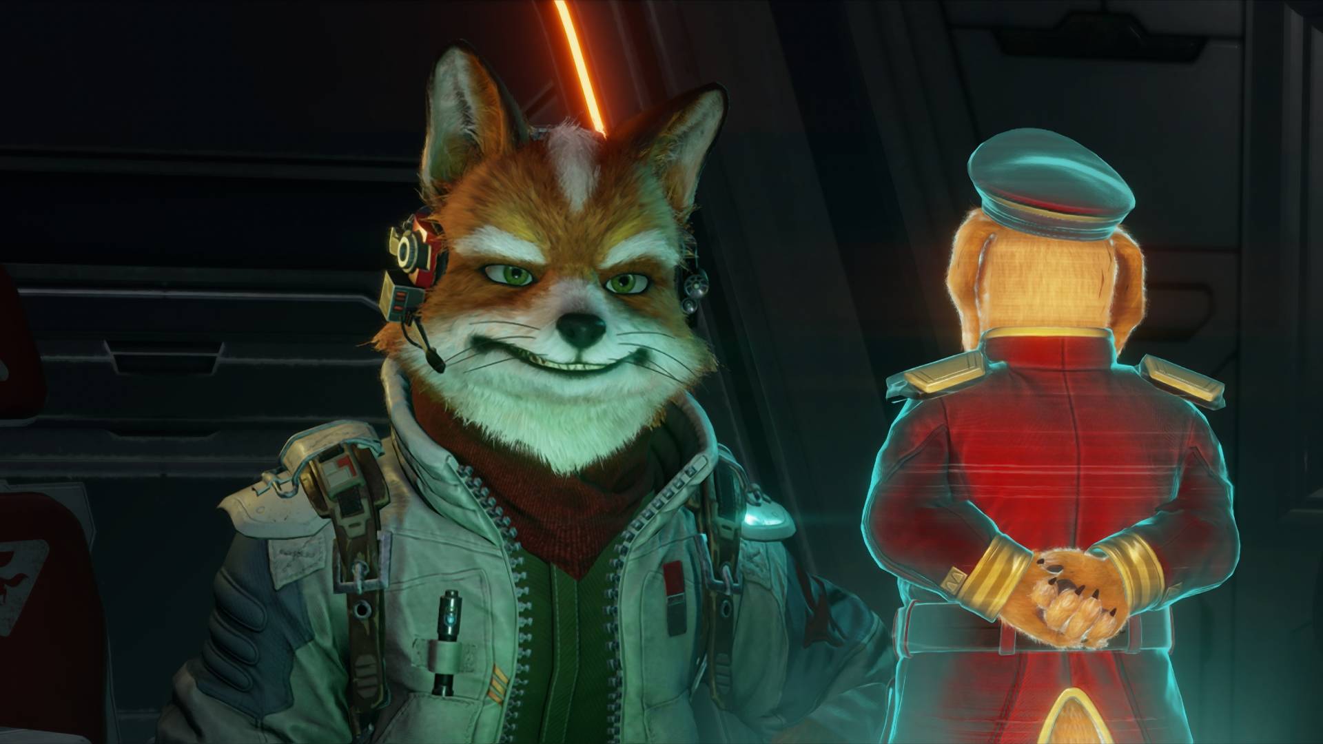 Star Fox Switch 2 screenshot shows Fox McCloud speaking to a hologram of General Pepper.