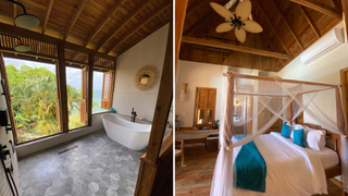 Split image, one half showing a bathroom overlooking the sea and the other a four-poster bed at Ohana Villa