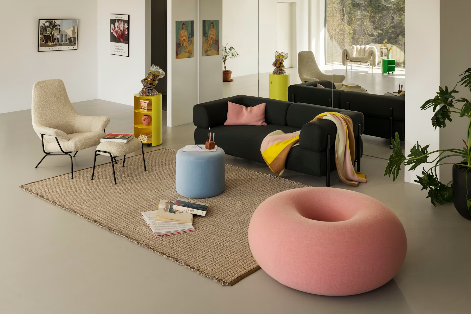 living room with hem's boa donut pouffe in pink