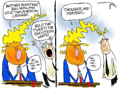 Political cartoon U.S. Trump tweets Florida school shooting thoughts and prayers Muslim ban