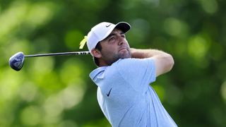 Scottie Scheffler of the United States plays his shot from the 18th tee ahead of the 2024 US Open golf tournament