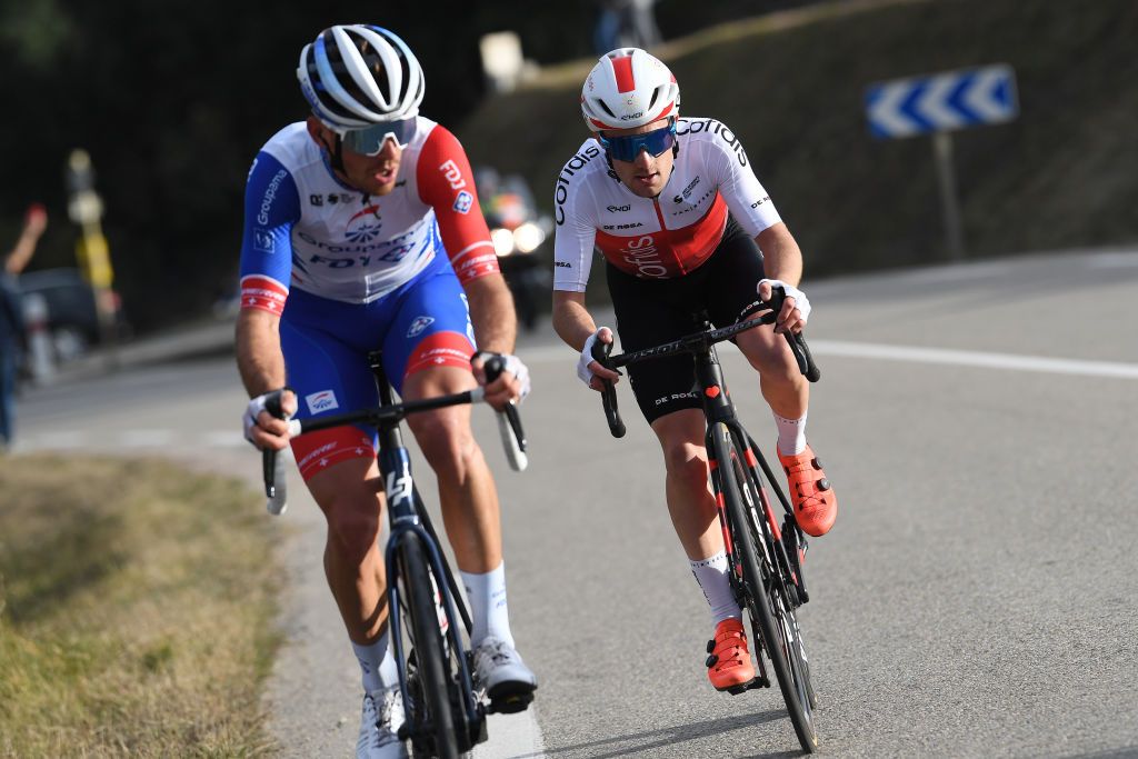 ROUSSON FRANCE FEBRUARY 03 LR Sbastien Reichenbach of Switzerland and Team Groupama FDJ and Rmy Rochas of France and Team Cofidis attack during the 52nd toile De Bessges Tour Du Gard 2022 Stage 2 a 156km stage from SaintChristollesAls to Rousson 304m EtoiledeBesseges EDB2022 on February 03 2022 in Rousson France Photo by Luc ClaessenGetty Images