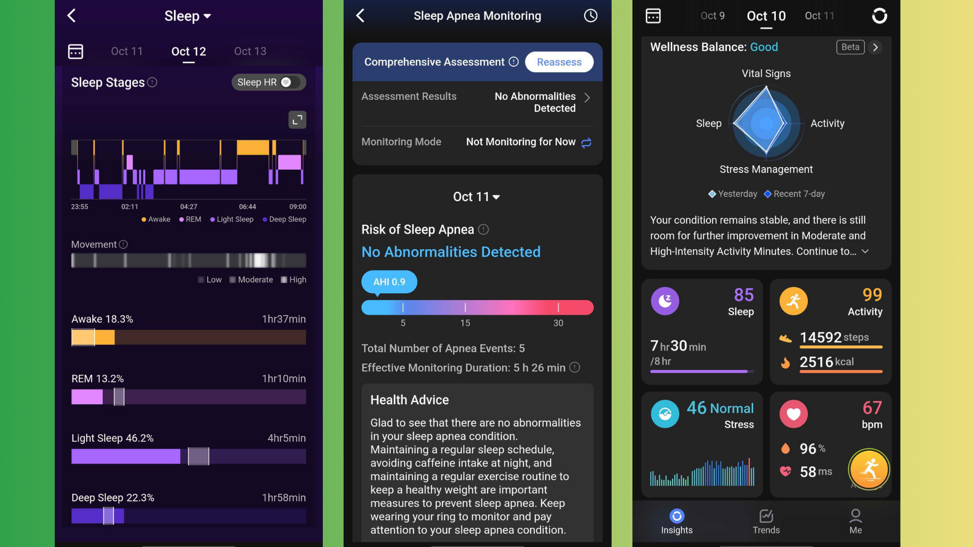 RingConn Gen 2 app pages showing Hamish' sleep and health stats