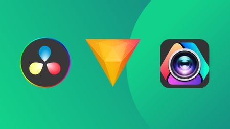 The logos of three of the best free video editing software programs on a mint green background