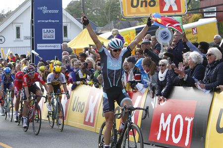 Steele von Hoff (ONE Pro Cycling) celebrates stage 1 victory