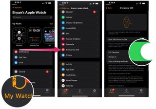 To turn fall detection on, launch the Watch app on your iPhone, Tap My Watch tab, then choose Emergency SOS. Scroll down, toggle on Fall Detection.