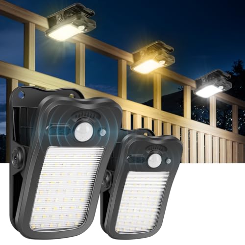 Blueyu Clip on Solar Motion Lights Outdoor, 800lm Brightness, 3 Modes &amp;amp; 3 Color Temperatures, Usb Charging &amp;amp; Remote Control, Waterproof Flood Light for Fence, Gutters, Patio, Camping (2 Pack)