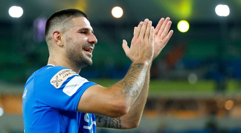 Aleksandar Mitrovic applauds the Al-Hilal fans after a game against Al-Ittihad in September 2023.