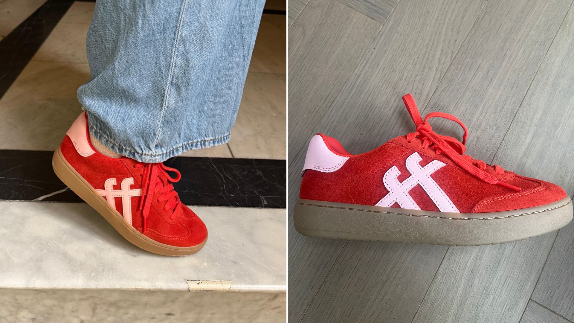 Two images of Caroline Parr testing the FitFlop Dash trainers