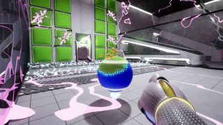 an fps view of a sci-fi gun turning a sphere from blue to yellow
