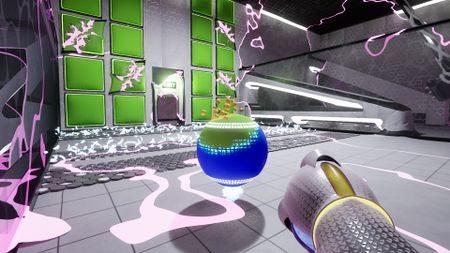 an fps view of a sci-fi gun turning a sphere from blue to yellow