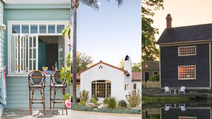 Three images of a house painted blue, white and black