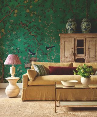 green living room with wall mural with trees and birds and large ochre linen sofa and antique wooden freestanding cabinet