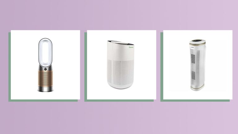 a collage image showing three of the best air purifiers in w&h's expert guide, including a model from Meaco, Homedics, and Dyson
