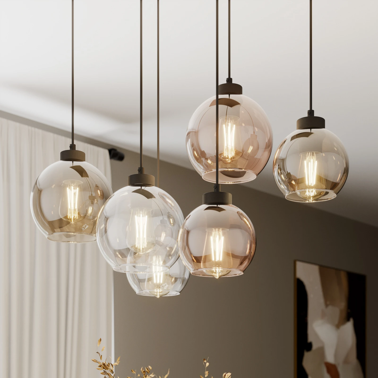 Cubus Pendant Light, 74 Cm, 6-Bulb, Clear/honey/brown, Glass