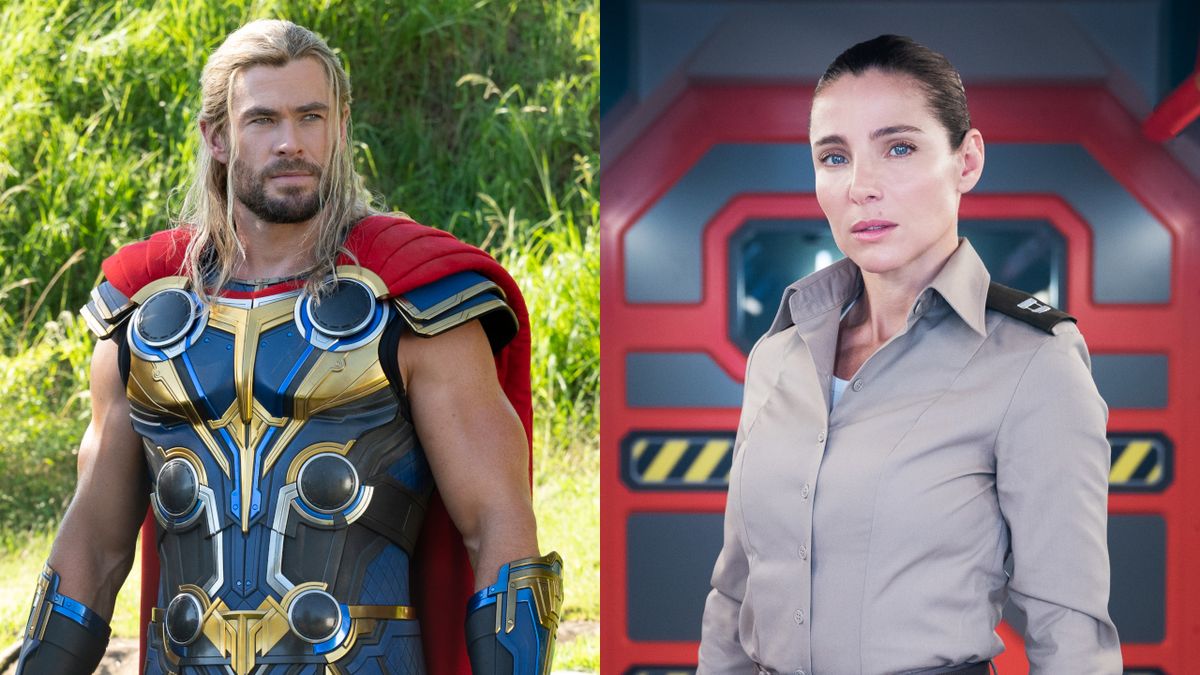 Chris Hemsworth stands in costume in Thor: Love and Thunder, pictured next to Elsa Pataky standing in front of a door in uniform in Interceptor.