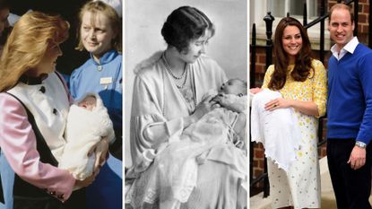 Sarah Ferguson (L) the Queen Mother (C) and Kate Middleton (R) all posing with their newborn babies