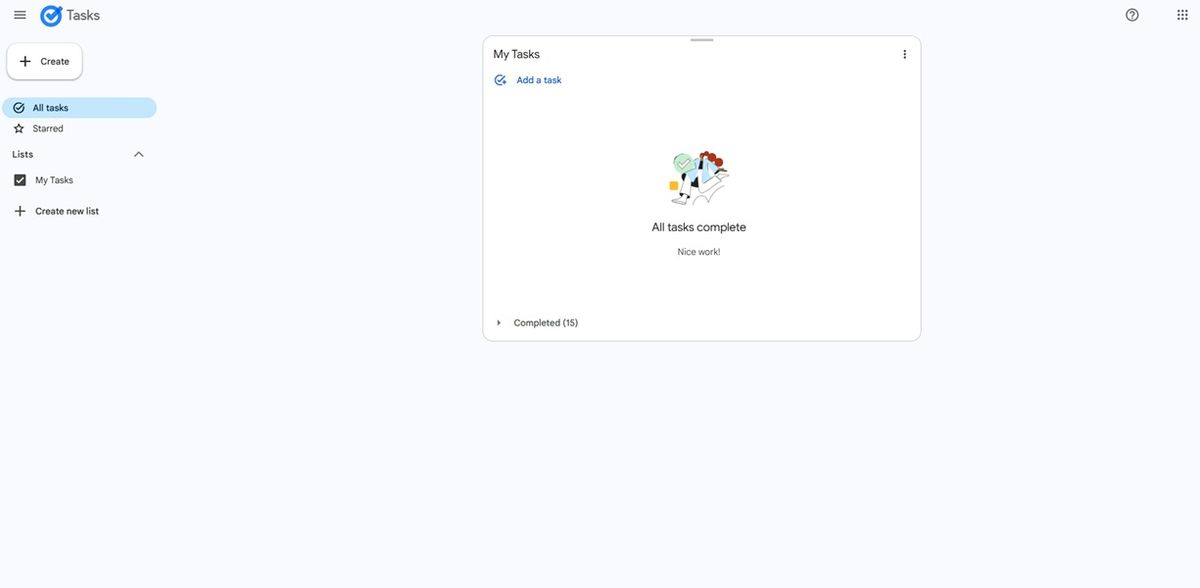 A snapshot of the new dedicated Google Tasks website with "My Tasks" in the center of the page.