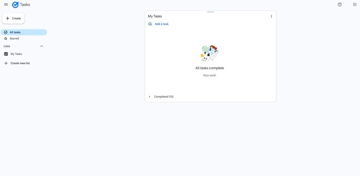 A snapshot of the new dedicated Google Tasks website with "My Tasks" in the center of the page.