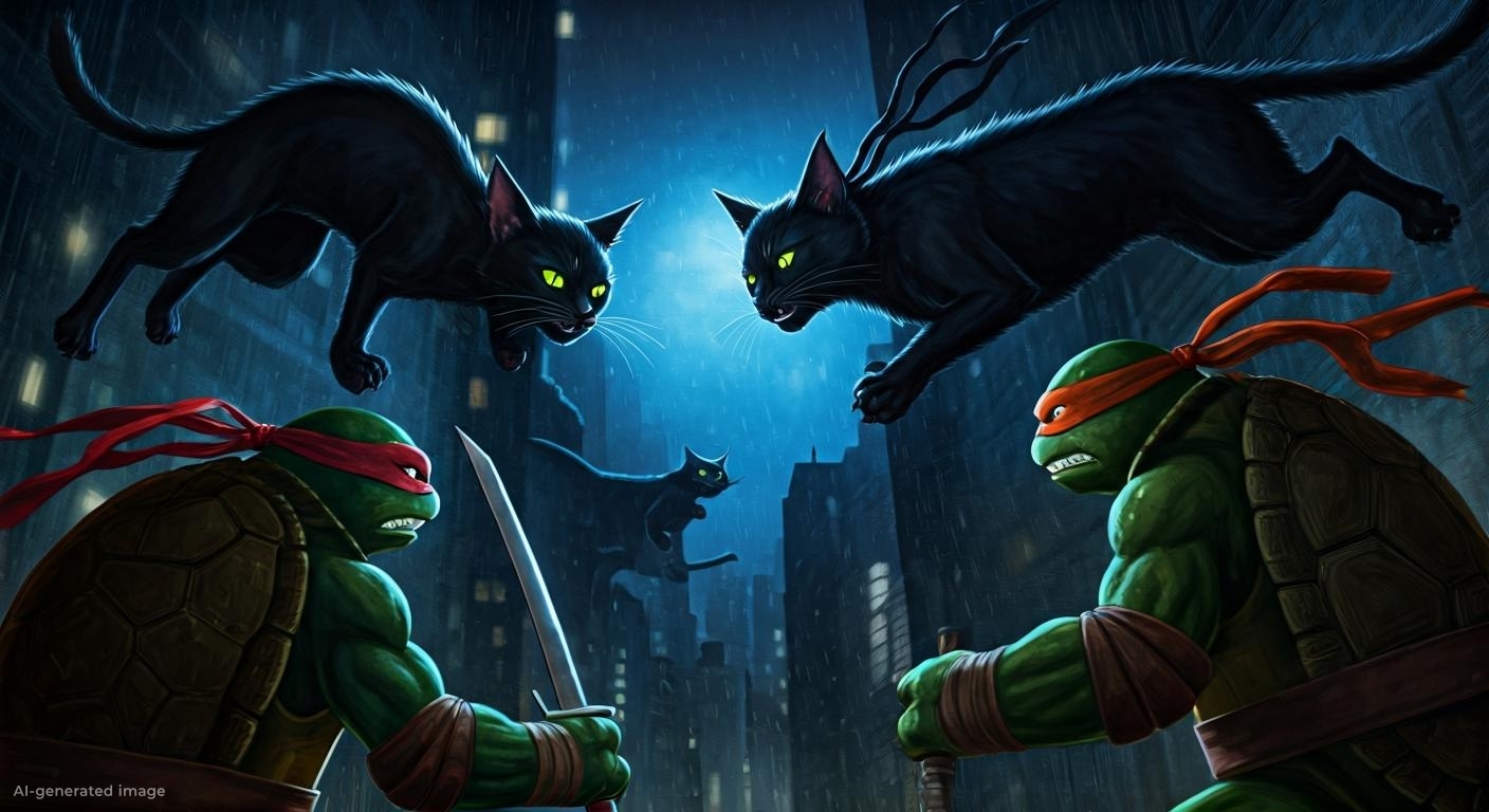 Black cats fighting turtles.