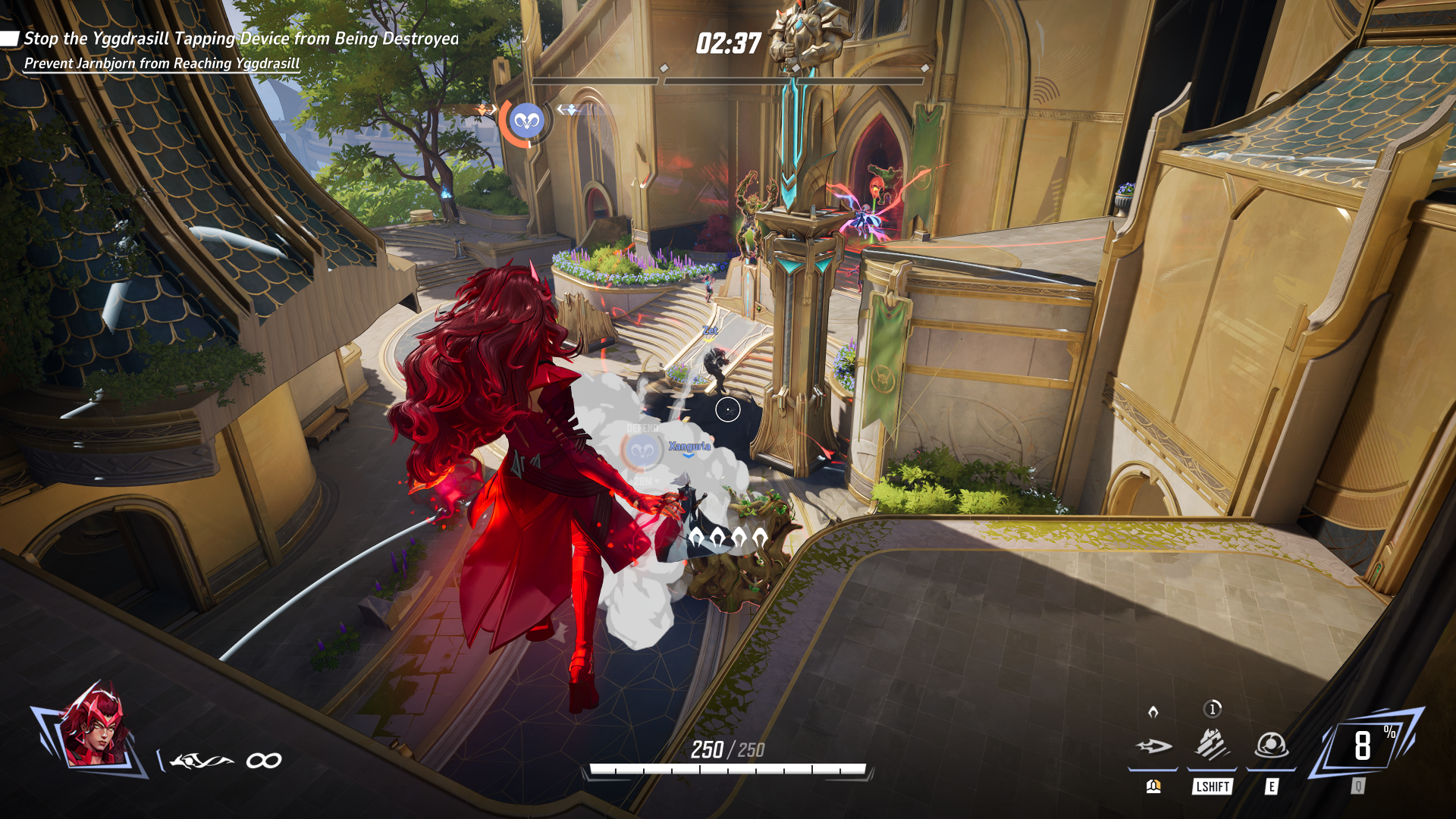 Screenshot of a Scarlet Witch character hovering above player characters in a bright multiplayer level