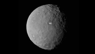 This image of Ceres, taken by NASA's Dawn probe on Feb. 19, 2015, from a distance of about 29,000 miles (46,000 kilometers), shows two mysterious bright spots on the dwarf planet's surface.