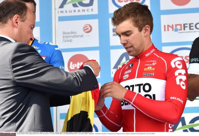 Jens Debusschere (Lotto Belisol) presented with his first Belgian tricolore
