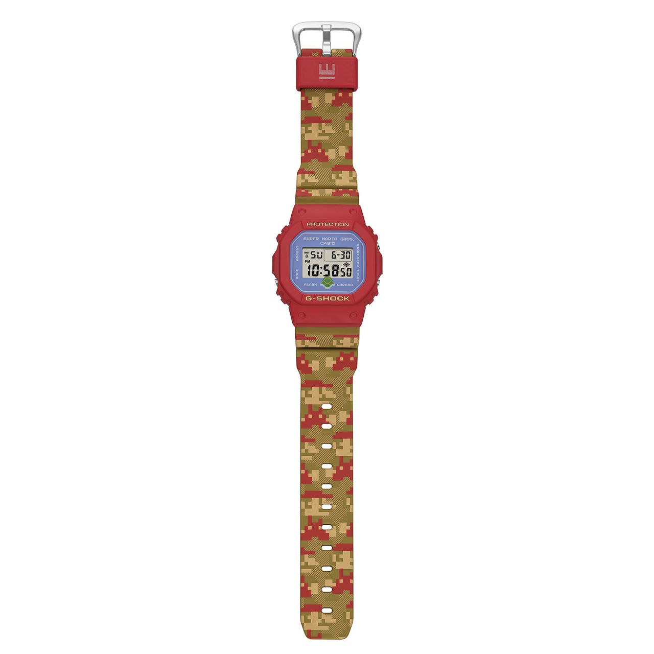 A fully extended Casio G-Shock x Super Mario Bros watch, showcasing the Mario laden green-beige strap
