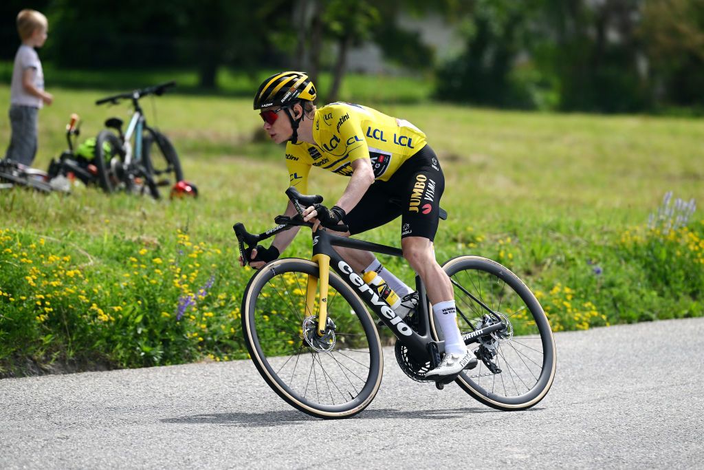 GRENOBLE ALPES MTROPOLE FRANCE JUNE 11 Jonas Vingegaard of Denmark and Team JumboVisma Yellow leader jersey competes during the 75th Criterium du Dauphine 2023 Stage 8 a 1528km stage from Le PontdeClaix to La Bastille Grenoble Alpes Mtropole 498m UCIWT on June 11 2023 in Grenoble Alpes Mtropole France Photo by Dario BelingheriGetty Images