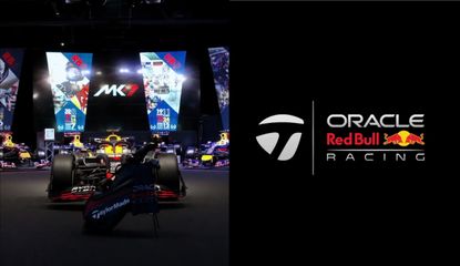 A picture of an F1 car and a TaylorMade Red Bull Racing logo