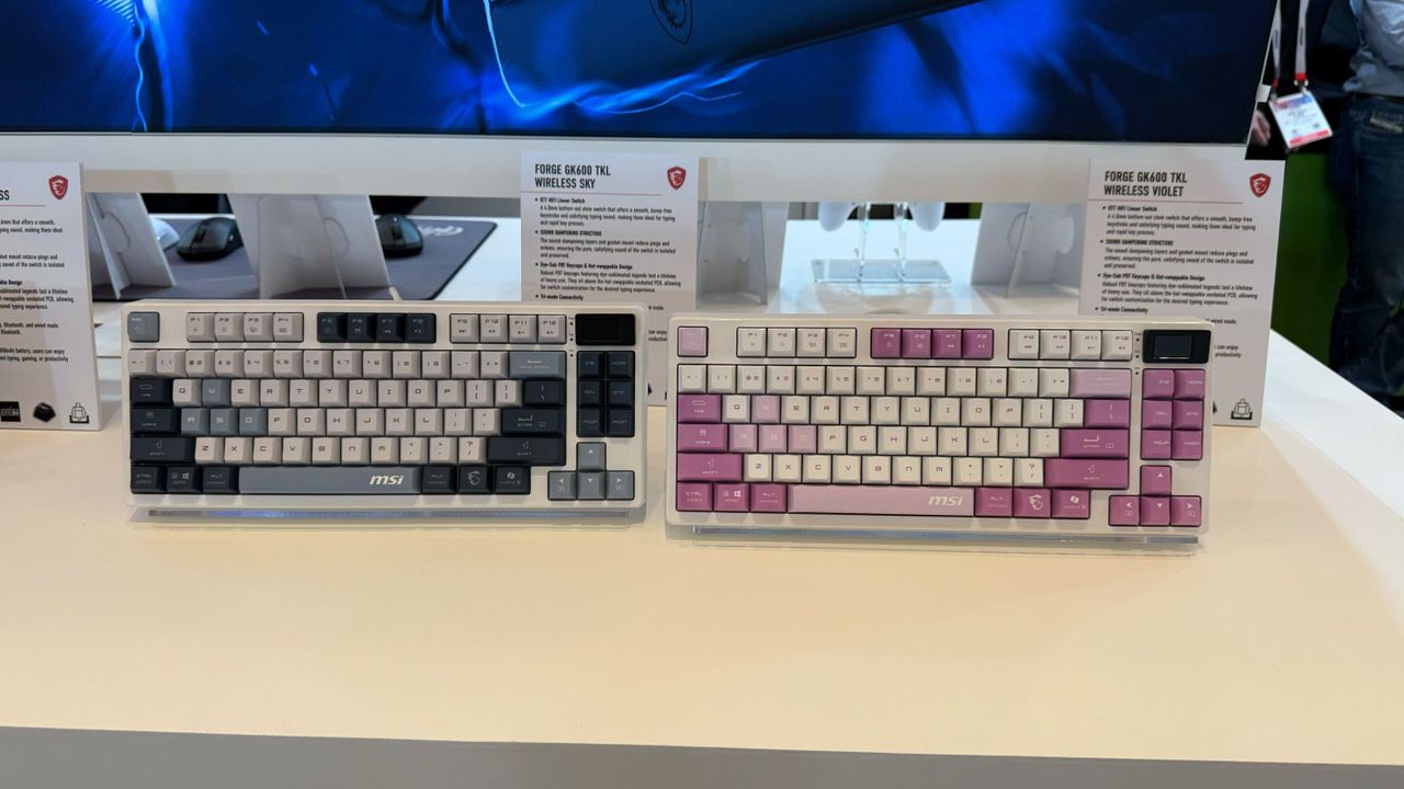 Two MSI Forge GK600 gaming keyboards on display at CES 2025
