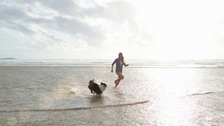 Easy ways to teach your dog new tricks — person and dog running in the sea and beach