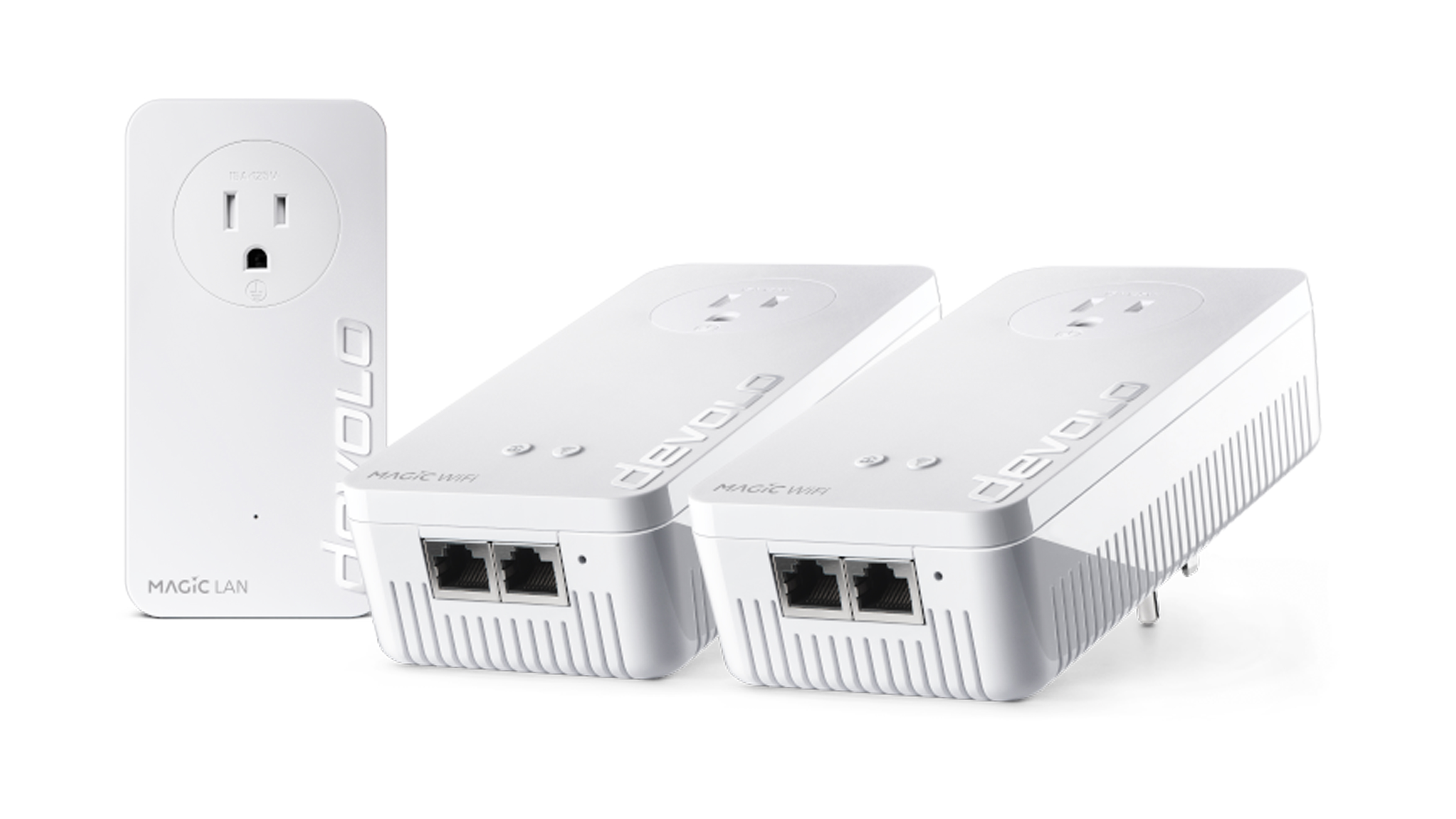 Devolo Mesh WiFi 2 and two nodes on a white background