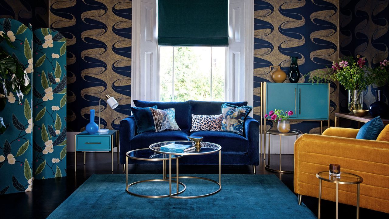 blue living room with blue velvet sofa