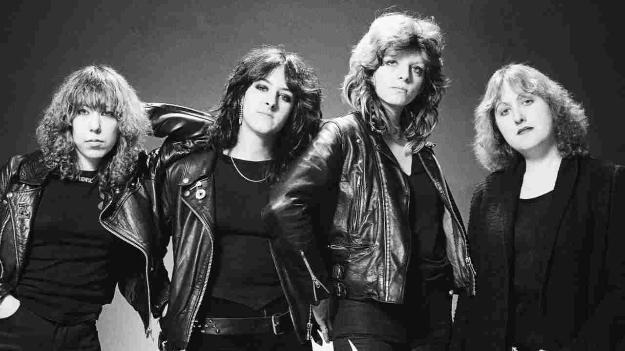 Girlschool posing for a photograph in the early 1980s