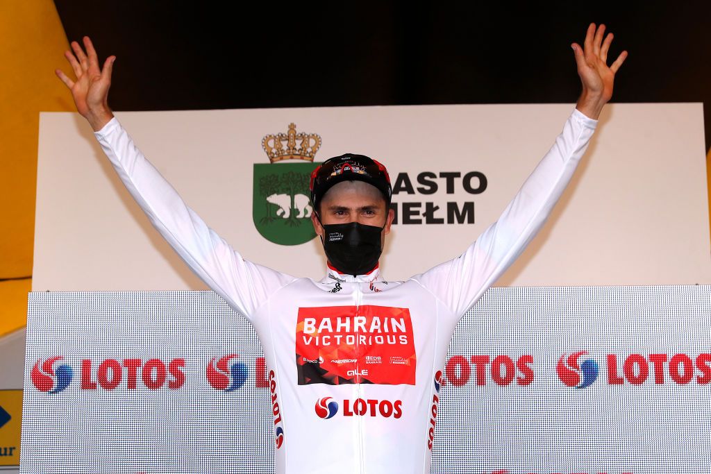 CHELM POLAND AUGUST 09 Phil Bauhaus of Germany and Team Bahrain Victorious White Best Young Rider Jersey celebrates at podium during the 78th Tour de Pologne 2021 Stage 1 a 216km stage from Lublin to Chem 212m TourdePologne TDP2021 UCIWT on August 09 2021 in Chelm Poland Photo by Bas CzerwinskiGetty Images