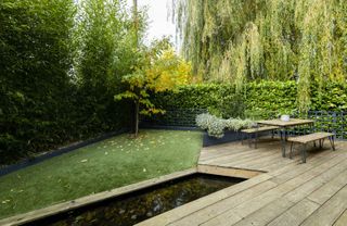 a modern low maintenance garden idea with artificial grass