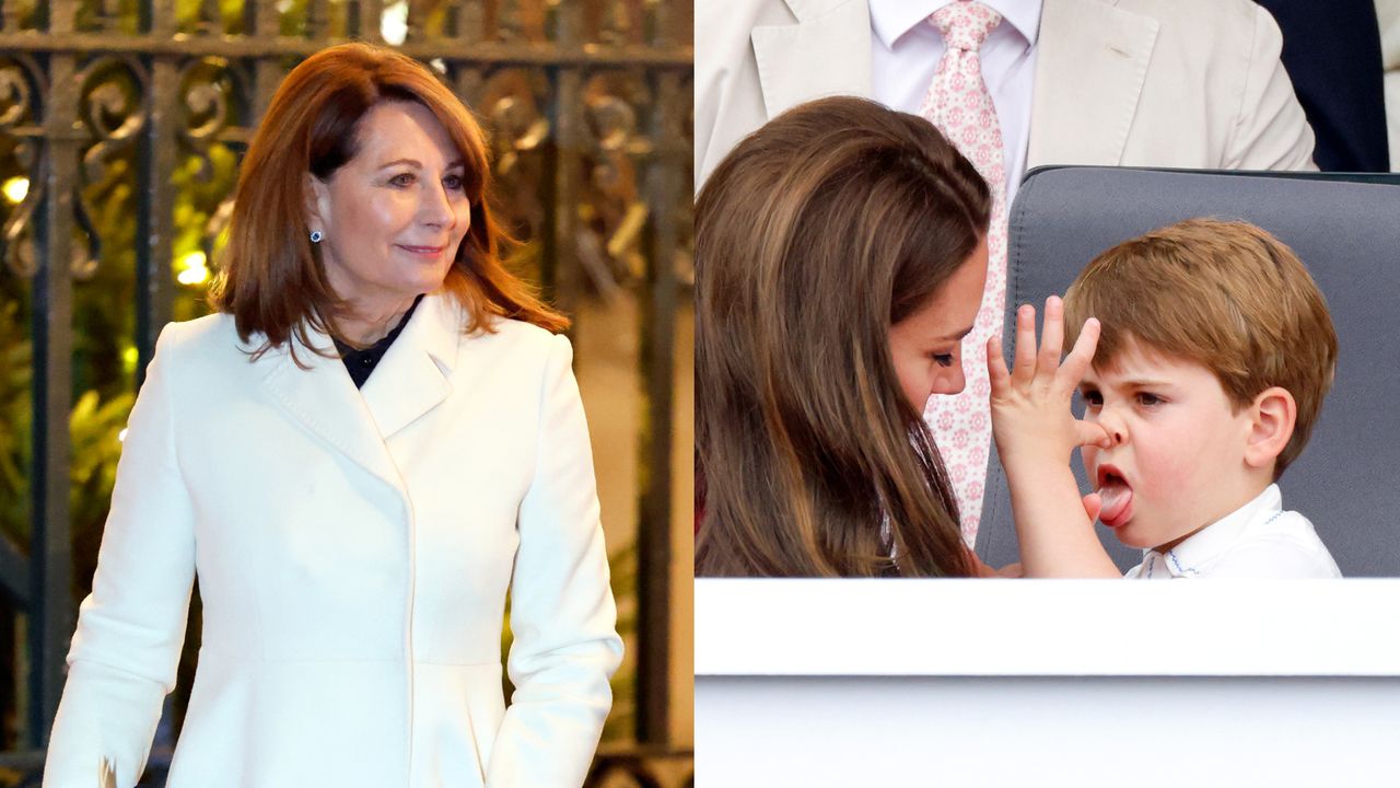 Carole Middleton wearing a white coat walking outside at night in front of a metal gate next to a photo of Kate Middleton leaning forward to talk to Prince Louis, who is sticking his tongue out and putting his thumb against his nose 