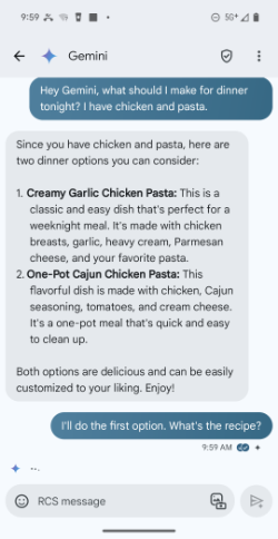 Screenshots showing Google Gemini support in the Google Messages beta.