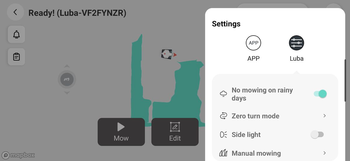 mammotion app using the luba awr 5000
