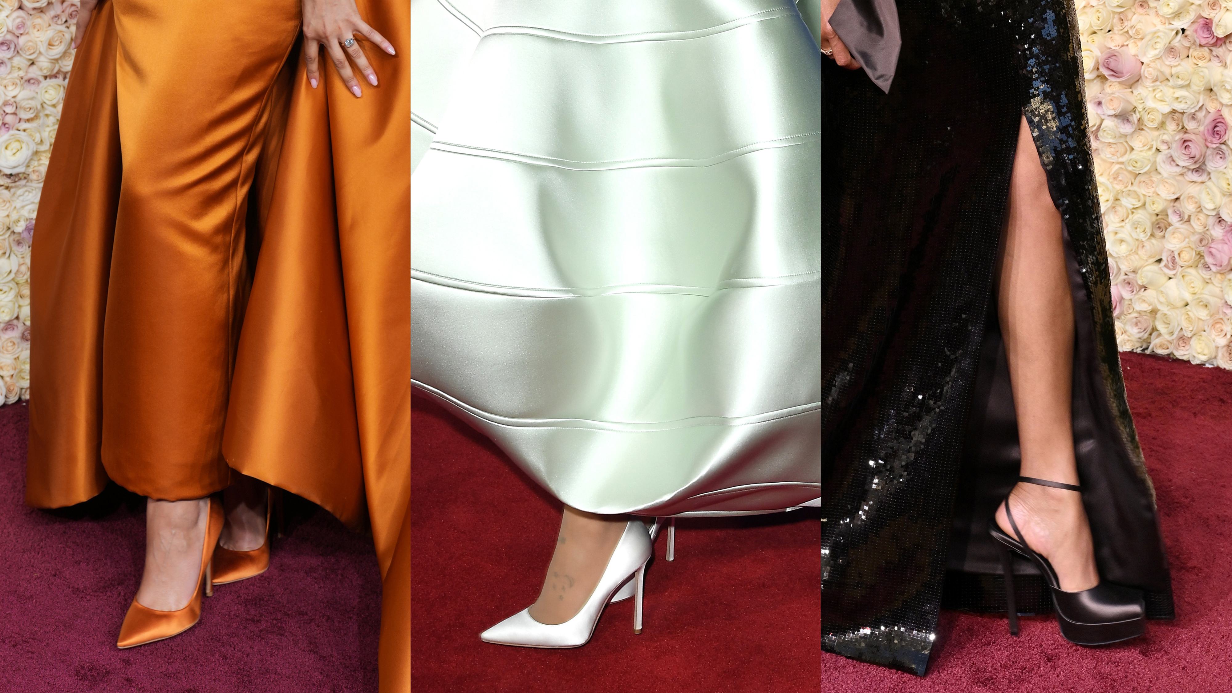 Celebrities wearing satin shoes on the red carpet.