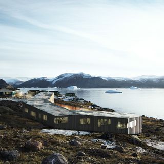 large building in greenland, showing composition of angular structures in snow