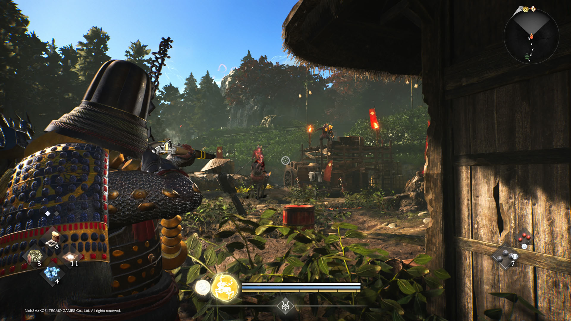 The player aims down flintlock rifle sights in Nioh 3 as enemies advance across a hillside field