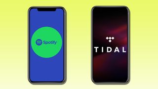 Spotify and Tidal logos on two smartphones on a yellow background