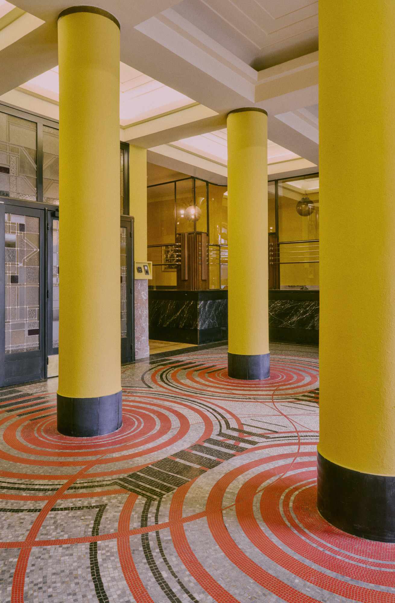 belgian modernism decor, colourful tiles and murals