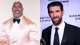 The Rock and Michael Phelps both wearing suits on varying red carpets 2023.