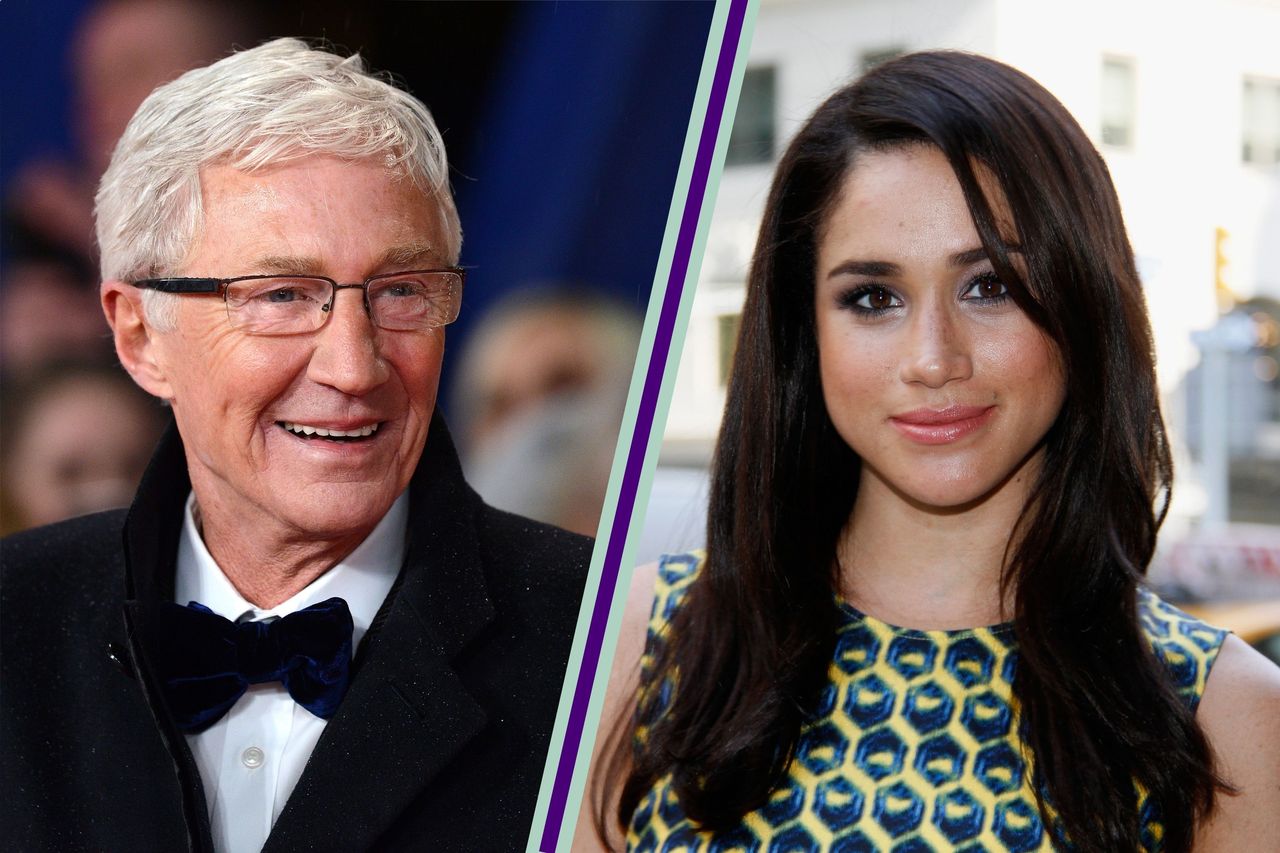 Paul O&#039;Grady portrait split layout with Meghan Markle portrait